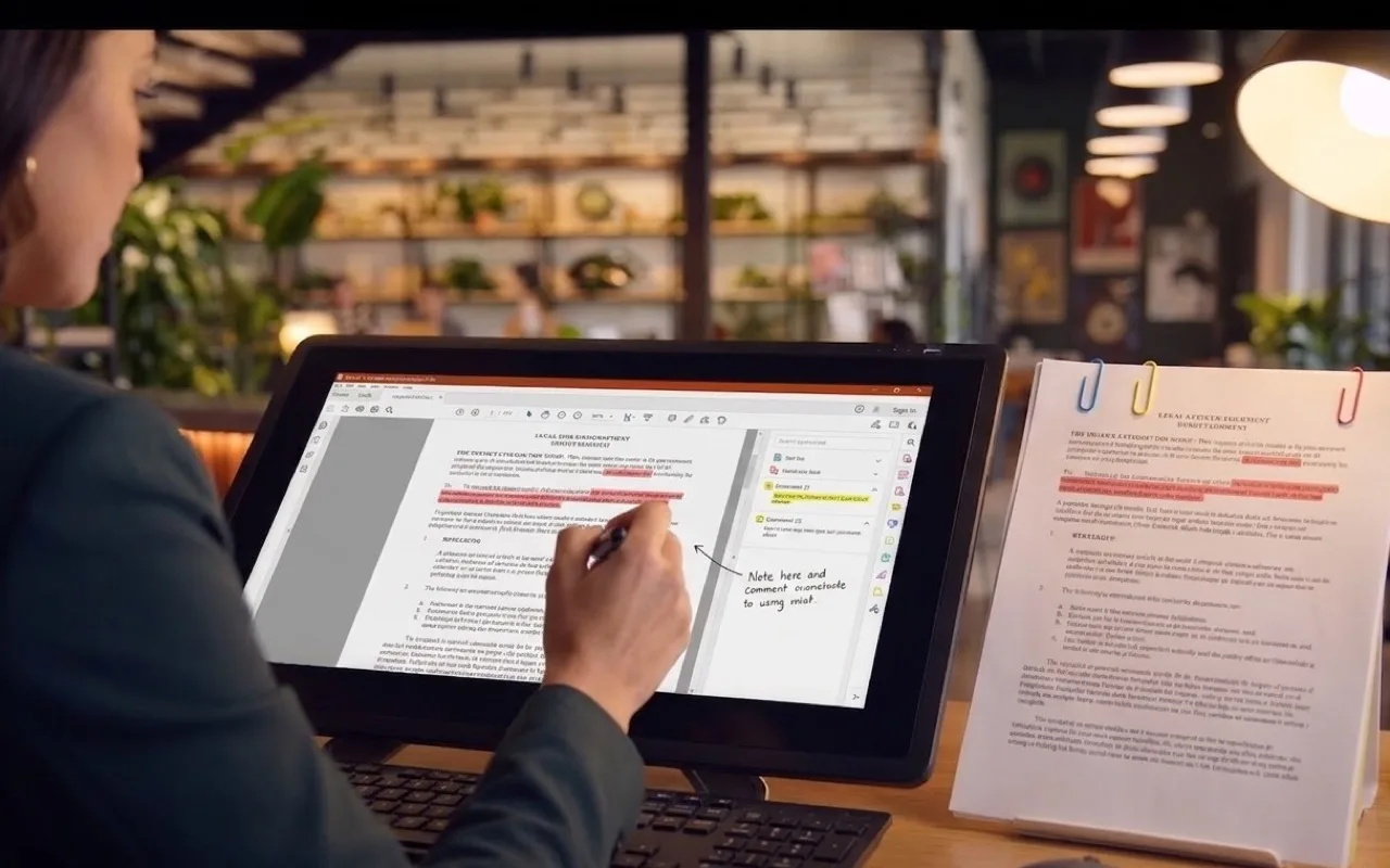 Editor de PDF: una profesional anota y resalta un documento jurídico directamente en pantalla