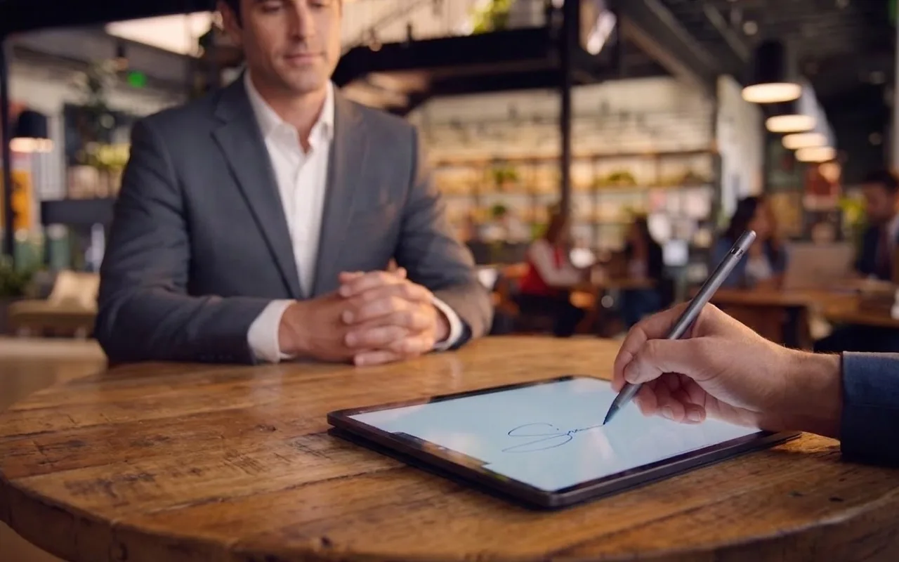Firma electrónica: una mano firma un documento en la tablet frente al cliente, sin papel