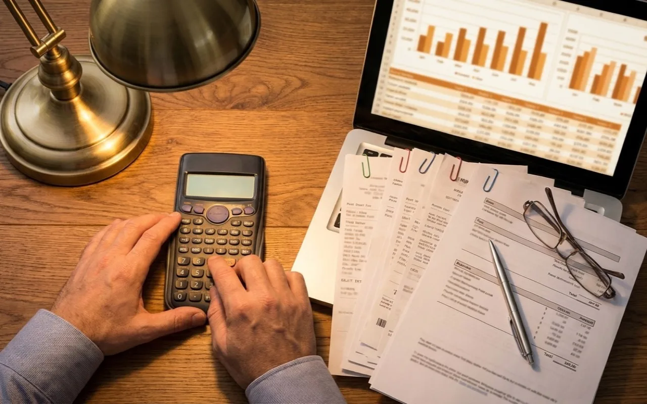 Mis finanzas: manos con calculadora, facturas y los reportes financieros de Fidel 360 en la laptop