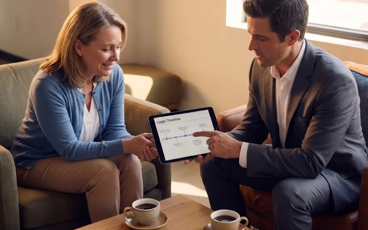 Portal del cliente: un abogado muestra a su clienta la línea de tiempo de su proceso en una tablet